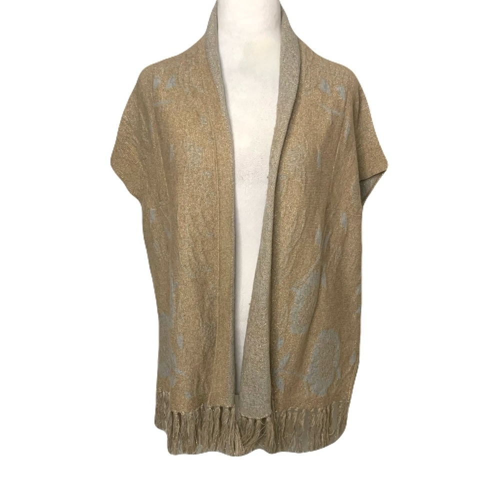 Angel Of The North Women’s Medium Tan Pale Blue Open Front Fringe Trim Cardigan